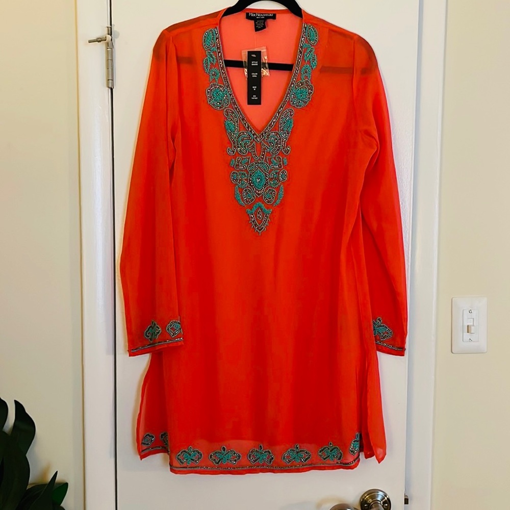 Salmon Pink sheer top with teal beaded design or beach coverup in size medium.